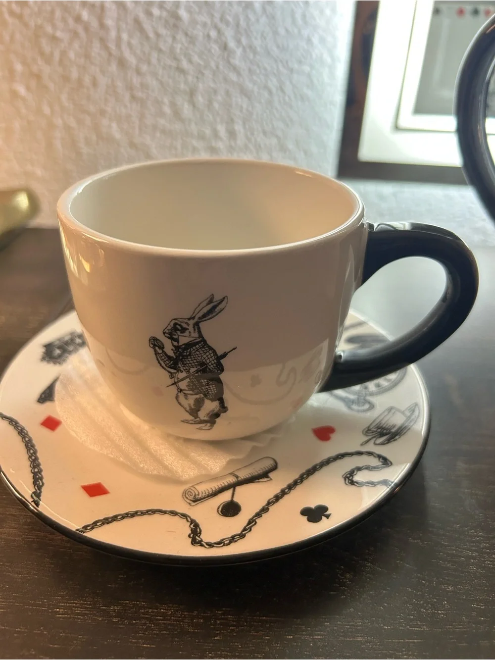 White Alice in Wonderland Teapot and Cup Set with Black Accents